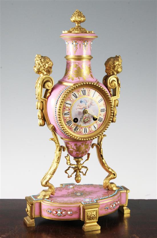 A fine quality early 20th century ormolu mounted Sevres style porcelain mantel clock, 15in.